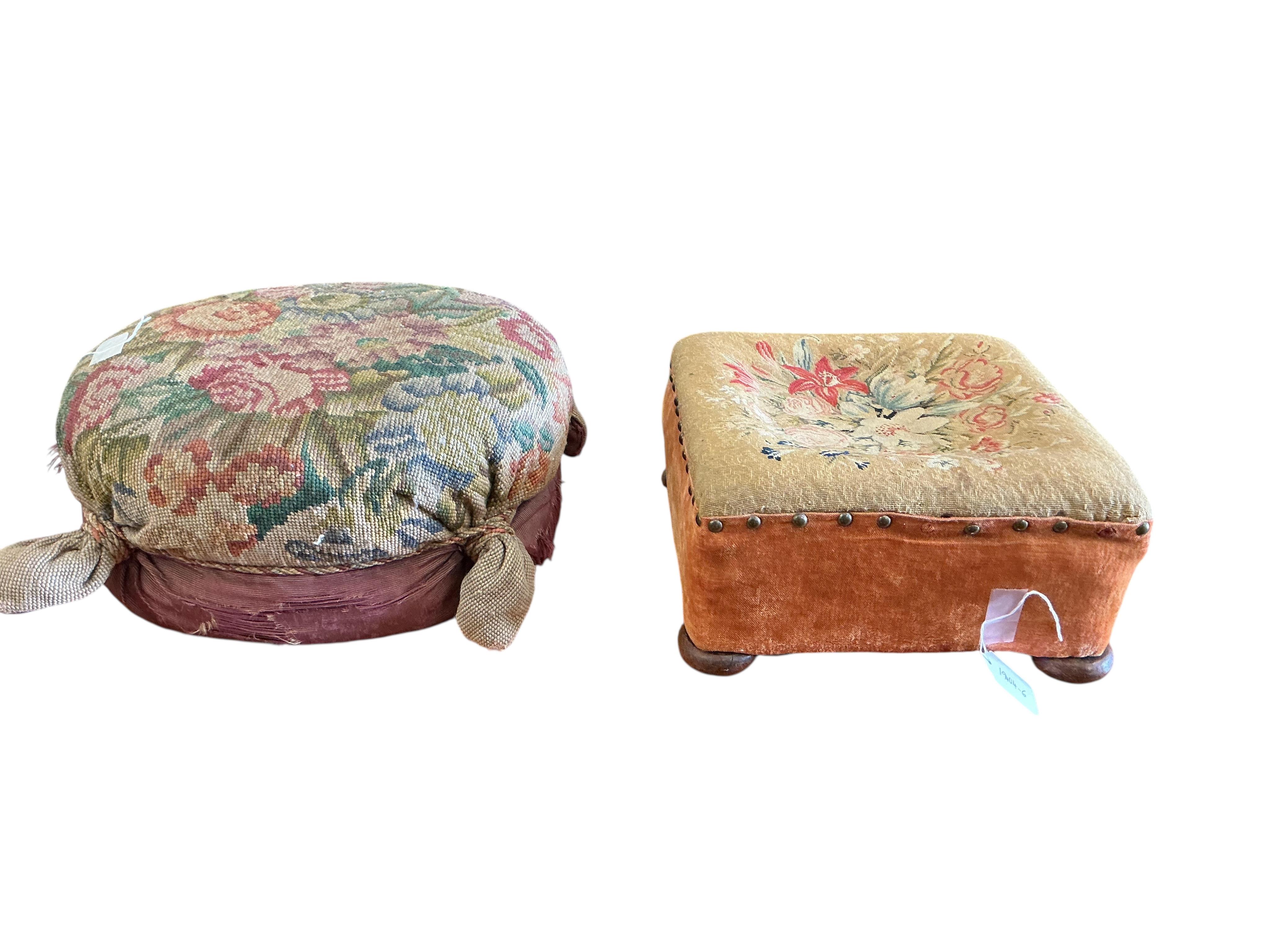 Two Victorian floral tapestry footstools, larger diameter 38cm
